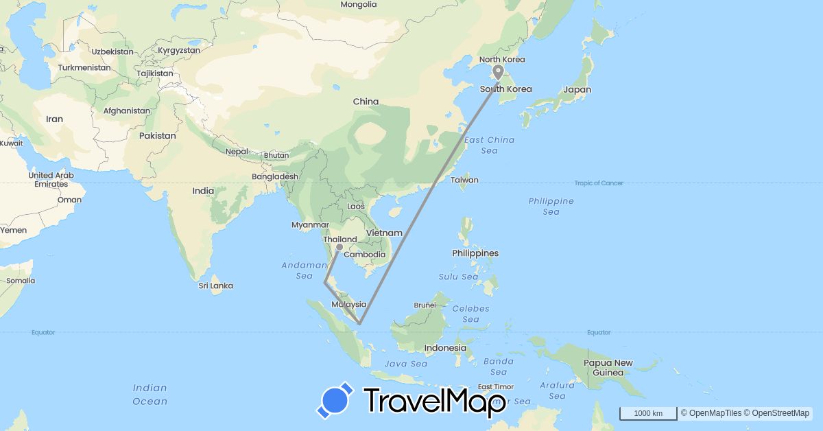 TravelMap itinerary: driving, plane in South Korea, Singapore, Thailand (Asia)